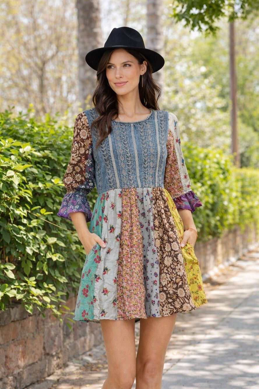Young Threads Boho Dress Small Embroidered Grey Patchwork Mini Western Hippie